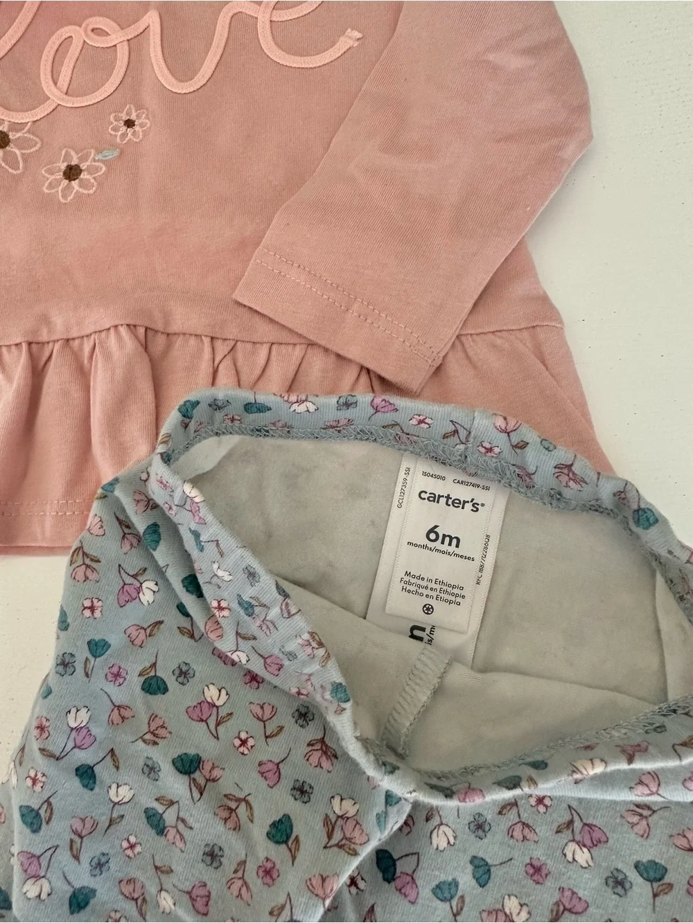 Carter's Pink 'Love' Peplum Top with Light Blue Floral Leggings Set